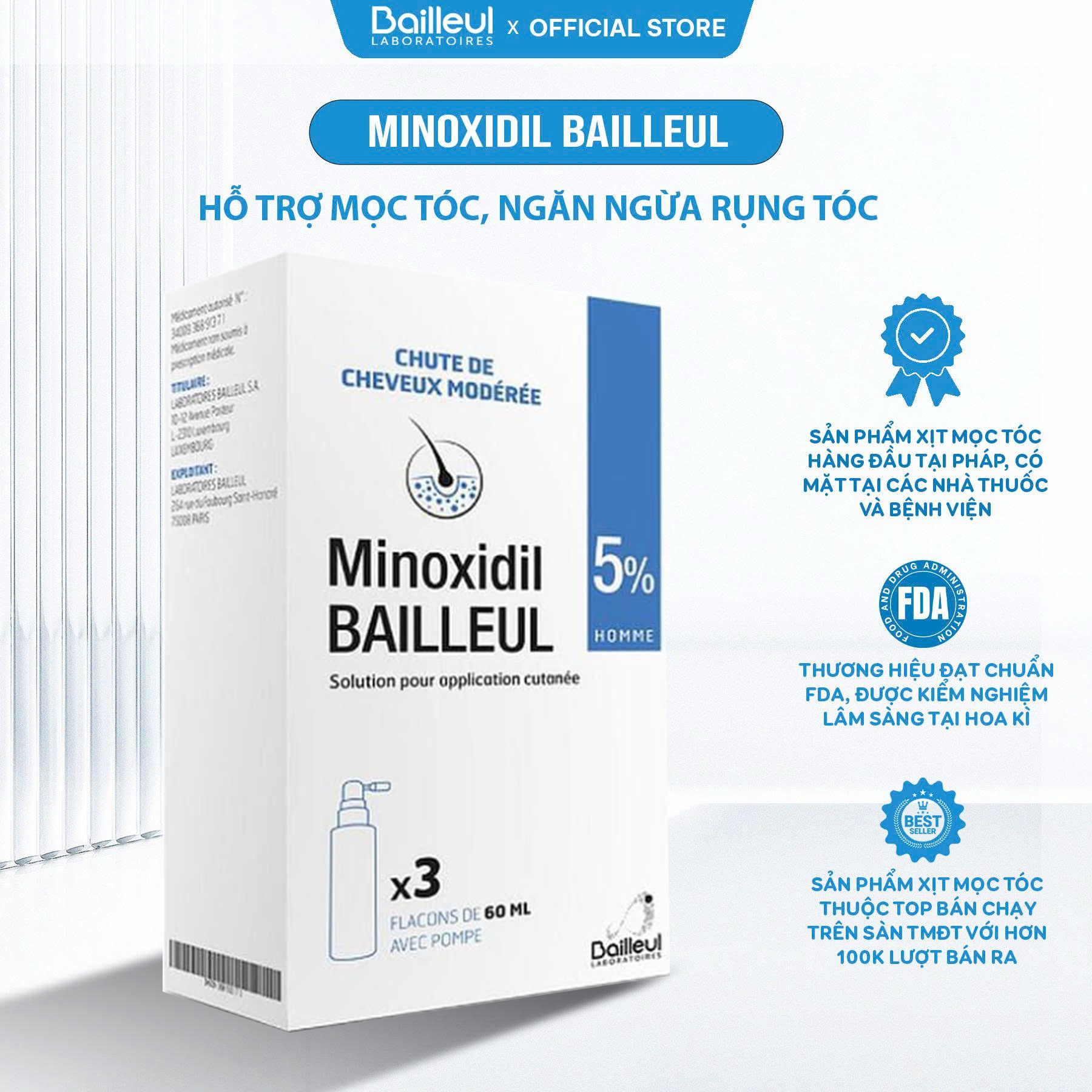 Xịt Mọc Tóc Minoxidil Bailleul Laboratoires 5% Nhập Khẩu Pháp, Kích Thích Mọc Tóc Và Giảm Rụng Tóc